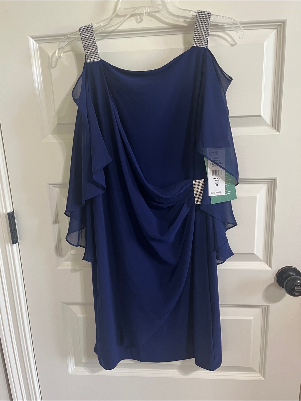 New with tags Elegant Navy Blue Draped Women's Dress with Rhinestone Straps